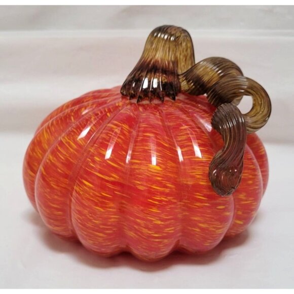 Unbranded Other - Hand-Blown Swirled Art Glass Orange 5" Pumpkin With Curly Stem